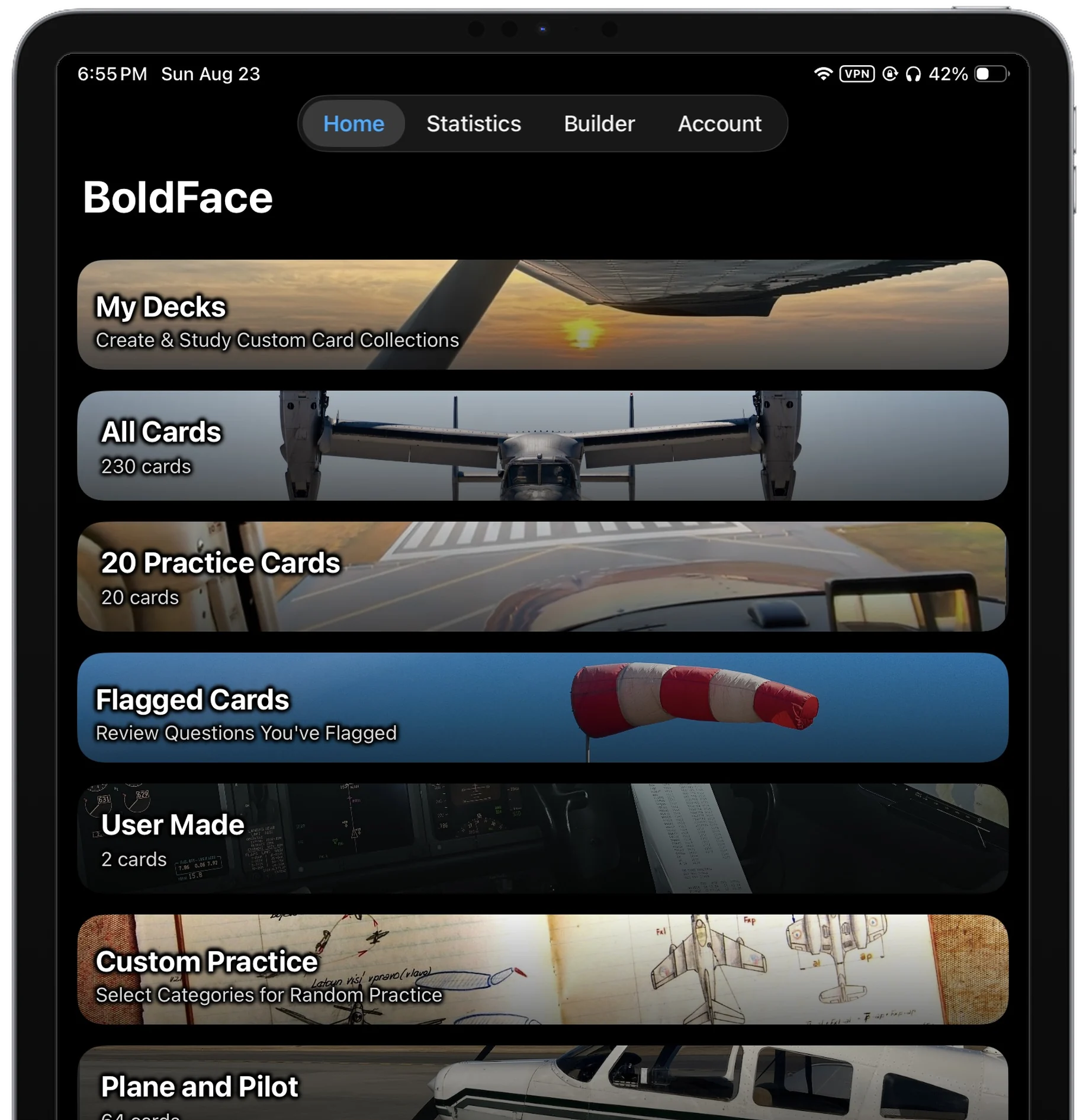 BoldFace home screen on iPad