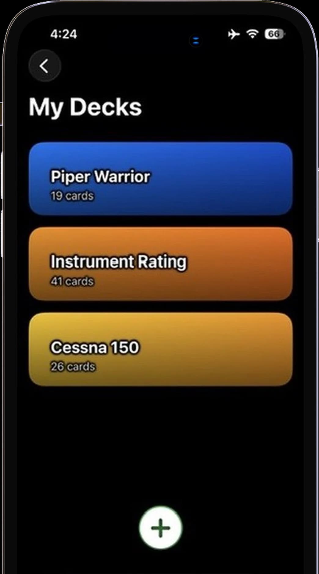 My Decks screen with Piper Warrior, Instrument Rating and Cessna 150 decks