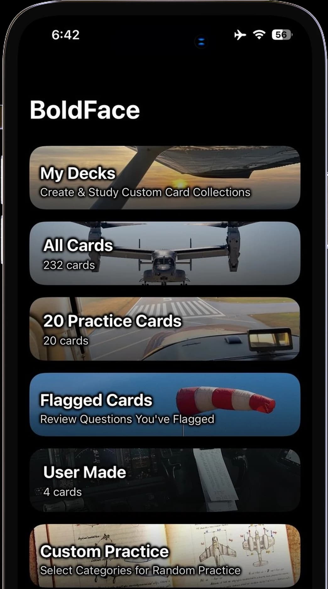 BoldFace home screen on iPhone: My Decks, All Cards, 20 Practice Cards, Flagged Cards, User Made and Custom Practice