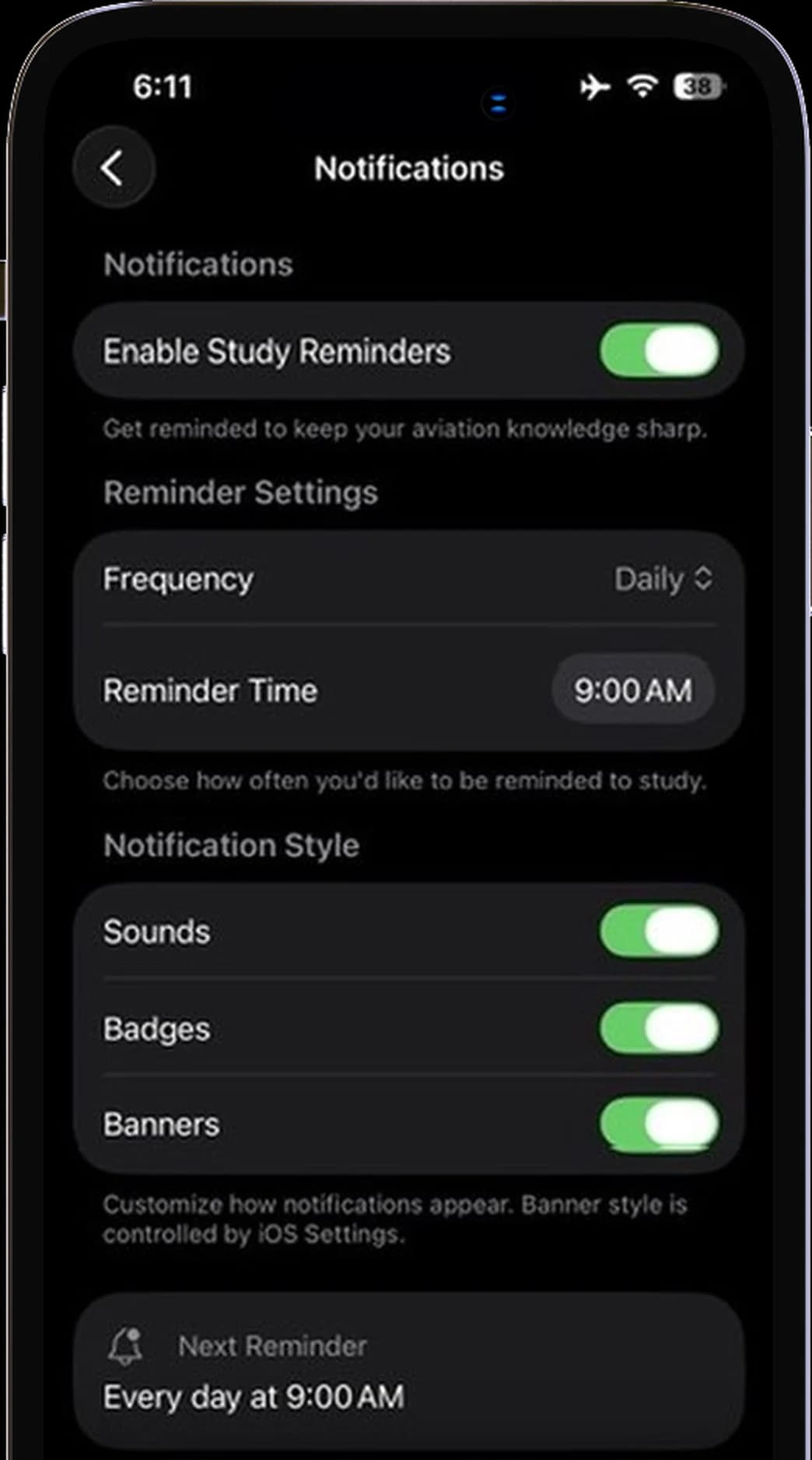 Notifications settings with daily study reminders at 9:00 AM